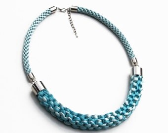 Turquoise and light blue knotted rope statement necklace