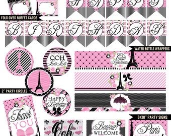 Pink Parisian Digital Printable Girls Paris Birthday Party Printables Package INSTANT DOWNLOAD