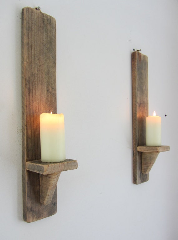 Pair rustic recycled pallet wood wall sconce LED candle on Small Wooden Wall Sconces id=74719