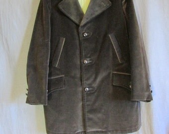 Corduroy Line Coat | Mens Sears Country Coat | Leather Collar | Dark Green | 1970 | 40 Regular | Medium