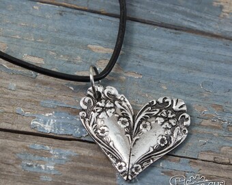 Ornate Spoon Heart Necklace - Flowery Pendant - Inspired by Antique Victorian Silverware - Doctorgus Handmade Pewter Jewelry - Cute Boho