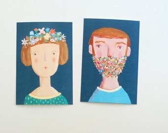 2 postcards, man and woman, flowers, home decor, wall decor, art, illustration