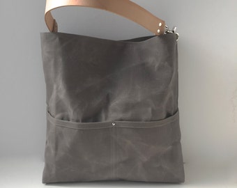 Waxed Canvas Tote Bag, Bucket Bag, Gray Bag, Hobo Tote, Casual Tote Bag, Handbag