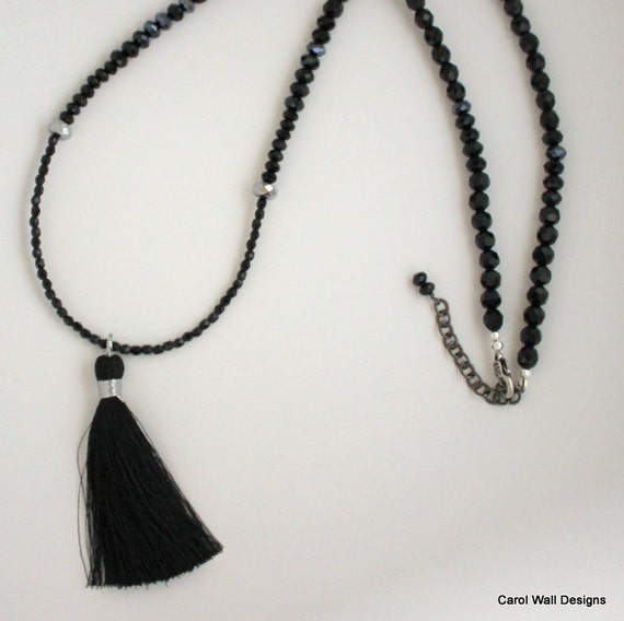 Items Similar To Black Crystal Long Tassel Necklace By Carol Wall On Etsy Jet Silk Tassel On Etsy