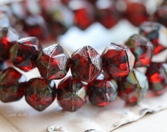 RUBY TREASURES No. 2 .. 20 Picasso Czech Glass English Cut Beads 8mm (5218-st)