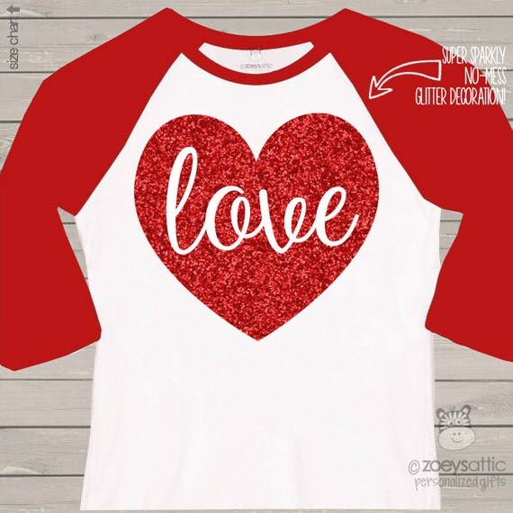 Download Valentine shirt love sparkly red heart ADULT raglan by zoeysattic