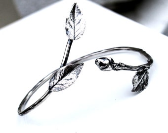Sterling Silver Bangle, Silver Twig Bangle, Silver Rose Adjustable Bracelet, Rose Leaf Silver Cuff, Ecofriendly Twig Jewelry, Rose Bracelet