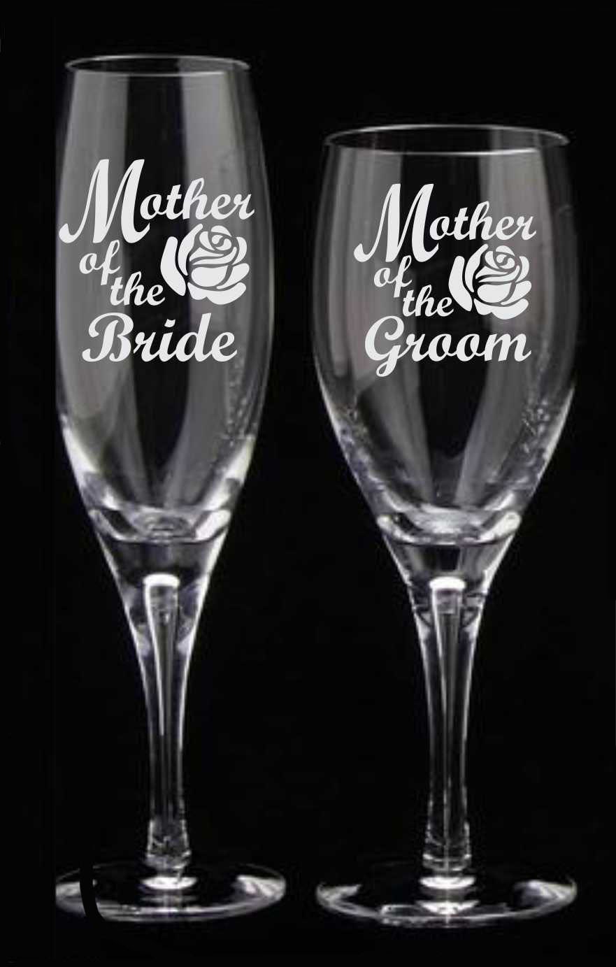 Mother of Bride Groom Etched Champagne Flutes Frosted Rose