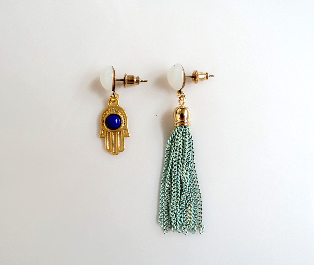 Mismatched Hamsa Earrings Mint Gold Tassel Earrings