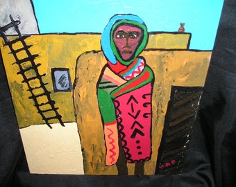 Whimsical South Western American Indian Squaw Oil on Panel Outsider Art/ Naive Folk art Painting..