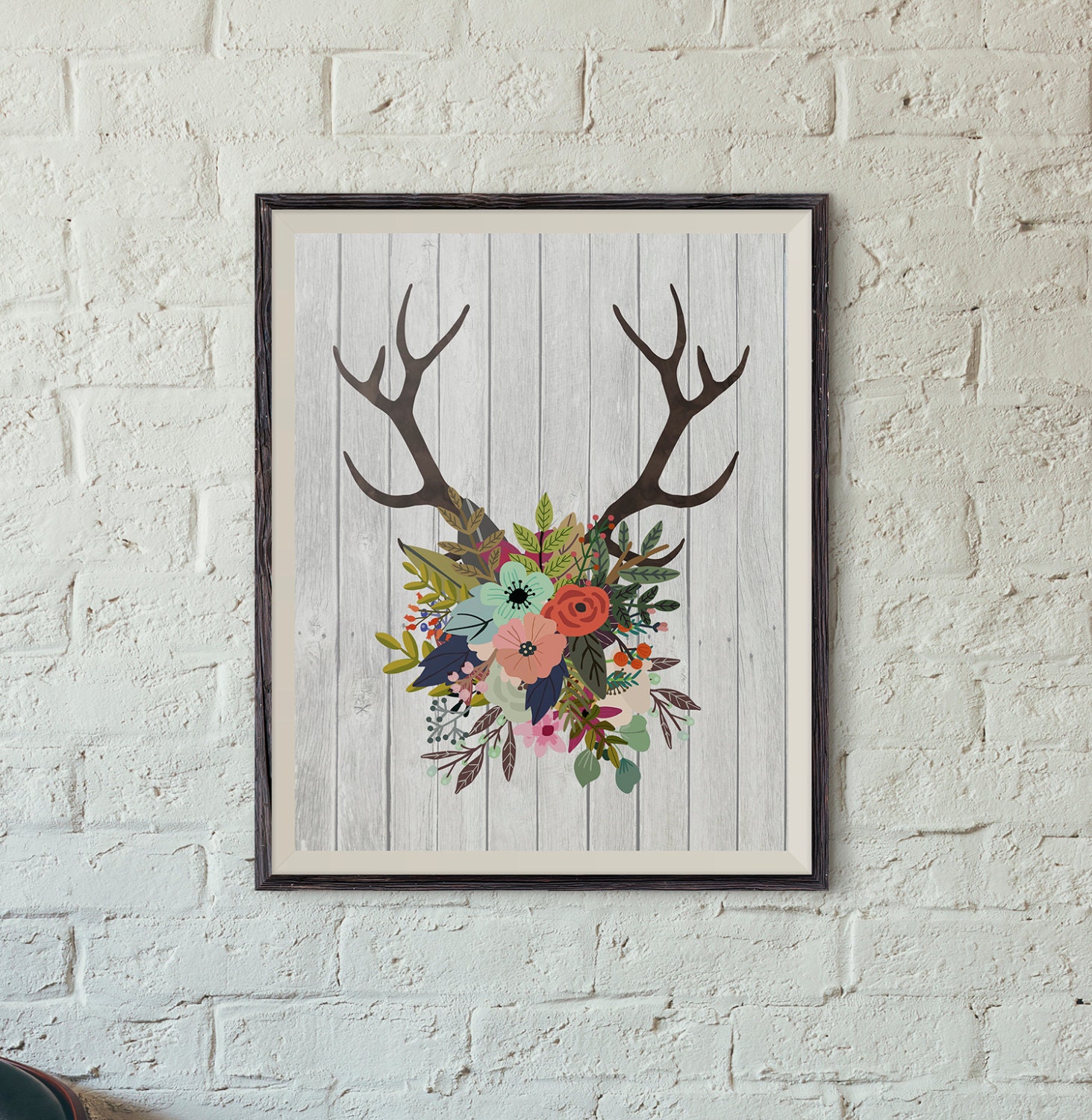 Antlers with Flowers Art Boho Art Printable Wall Art 8x10