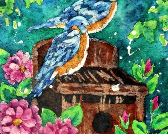 Watercolor Birds, Birdhouse Painting,Batik,Pink Flowers, Blue Birds, Bird Art, Martha Kisling