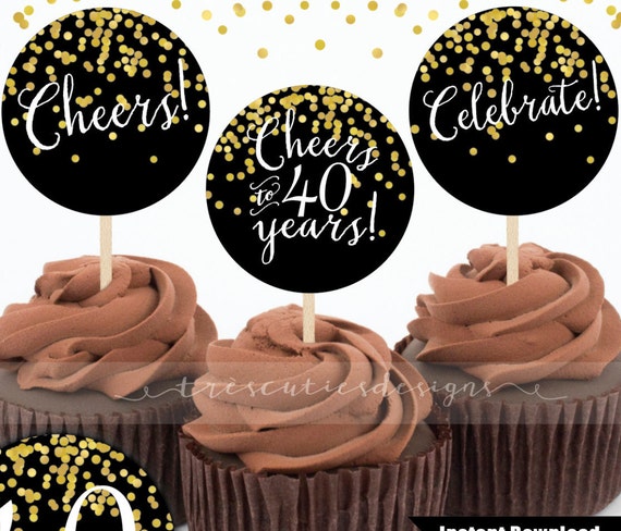 birthday 40th printable card Cupcake Toppers Confetti 40th Gold 2inches Birthday