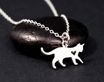 Cat Necklace Sterling Silver, Cat Jewelry, Cat Silhouette Necklace, Cat Heart Necklace, Gift from Cat, Cat with Cut Out Heart, Gift for Her