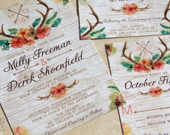 NEW! Floral Antlers Wedding Invitation set. Watercolor antlers wedding invitations. Hunting woodlands wedding