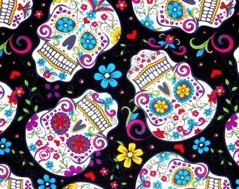Sugar skulls fabric, Calaveras, Skulls, Day of the Dead, Latin culture, 100% cotton fabric for Quilting crafting and all sewing projects.