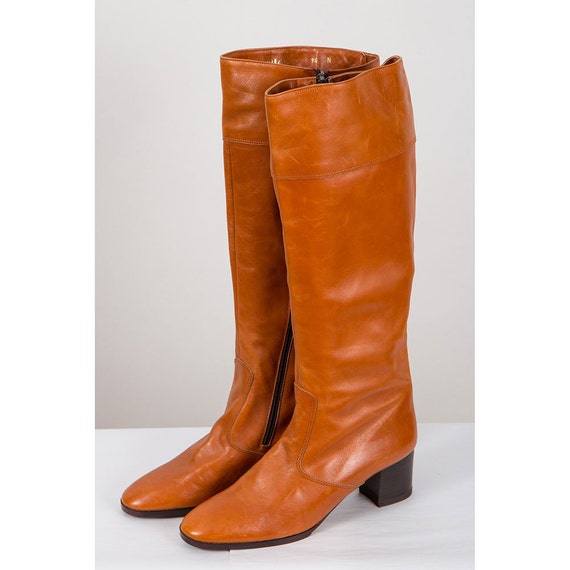 cognac knee high flat boots