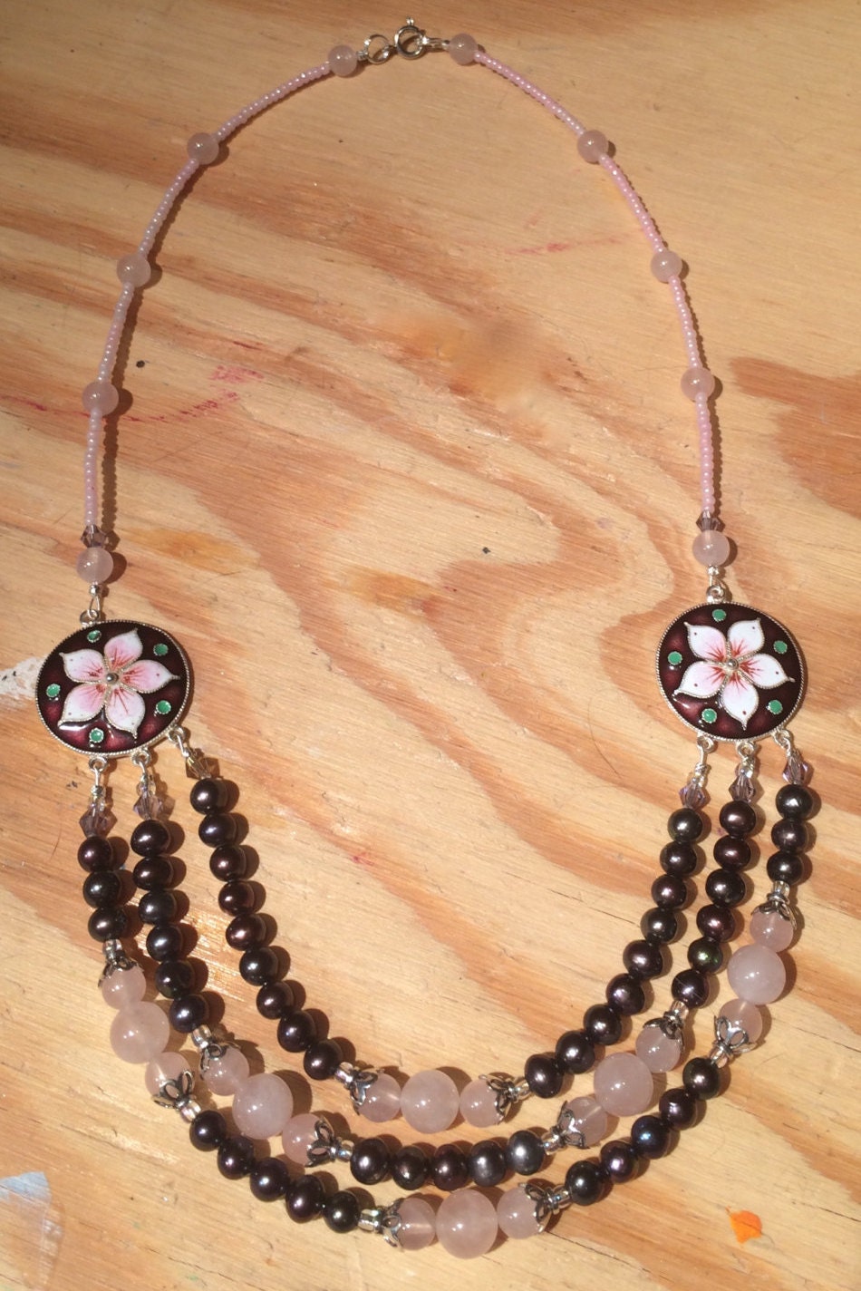 Necklace 3strand with Pink and pale purple Cloisonné by LuAnnArts