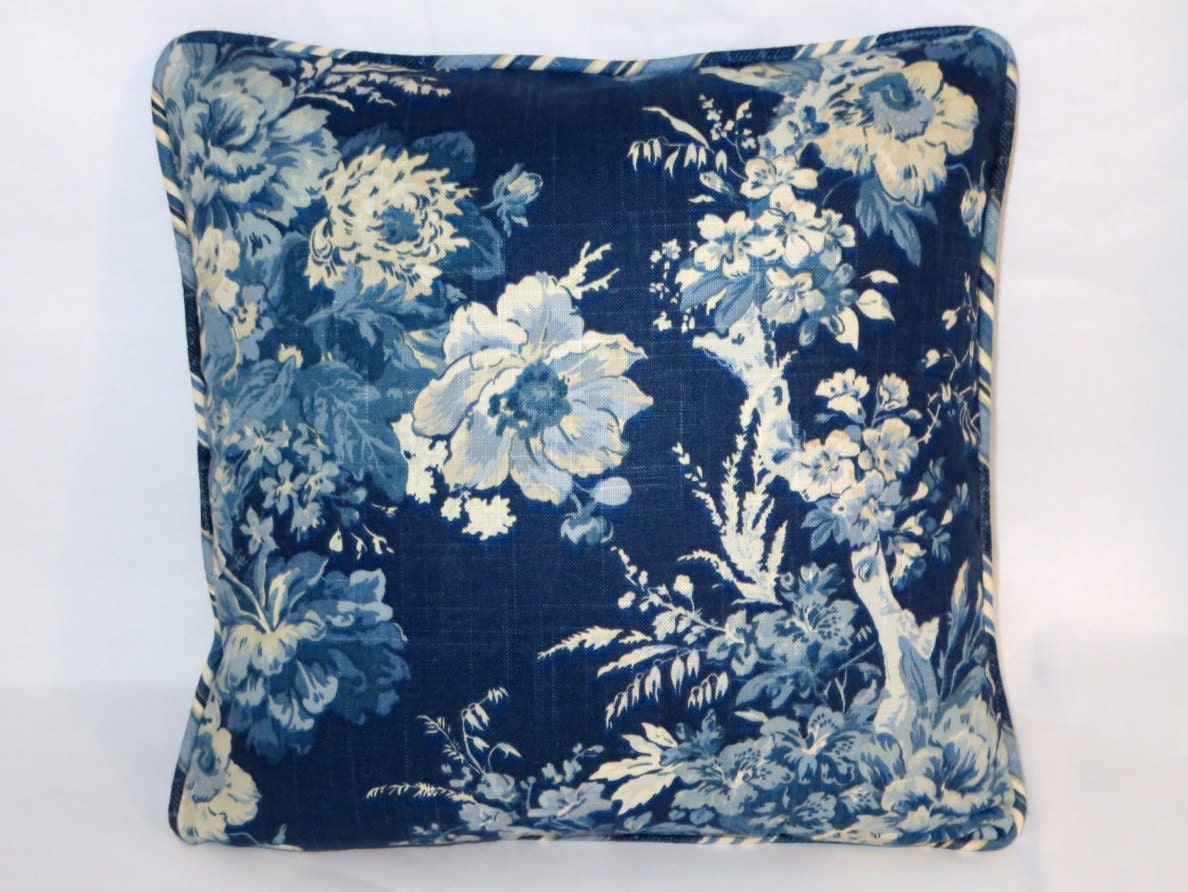 Navy Blue & White Throw Pillow Waverly Ballad Bouquet Indigo