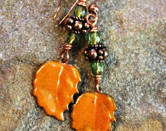 Orange Enameled Leaf Earrings, Copper, Fall Earrings, Boho Jewelry, Leaf Jewellery, Handcrafted Artisan Earrings, Copper Earrings, Gift