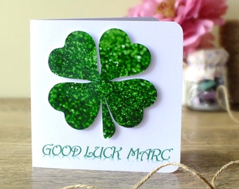 Handmade Personalised Good Luck Card - 3D Four Leaved Clover, Good Luck, Lucky Shamrock, Personalized, Cards by Gaynor 4 Leafed Clover BHE24