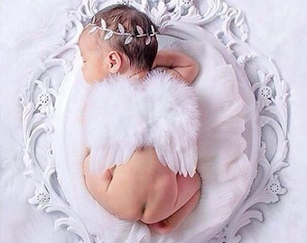 White Feather Angel Wings AND/OR Silver Foil Leaf Headband for newborn photos, bebe foto, prop, photographers, Lil Miss Sweet Pea