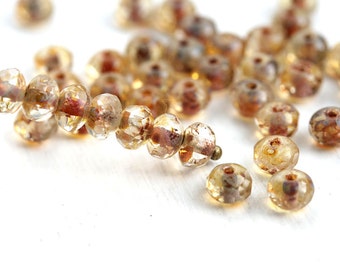 3x5mm Amber Picasso czech glass spacers, gemstone cut, rondelle, rondels, light topaz - 40pc - 0477