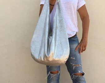 Vintage Leather hobo bag Silver leather bag Large hobo bag Shoulder bag
