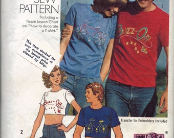 T-Shirt Pattern, How to sew pattern, how to decorate a t-shirt, Transfers for Embroidery included, Tissue lesson chart, Size 34-36 small men