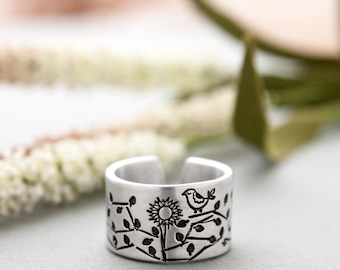 Sunflower Ring - Sunflower and Bird Monogrammed Cuff Ring - Personalized Cuff Ring - Secret Message Ring