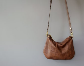 minimalist leather crossbody bag - ISLA - Walnut Brown adjustable leather strap shoulder purse - optional leather tassel by holm goods