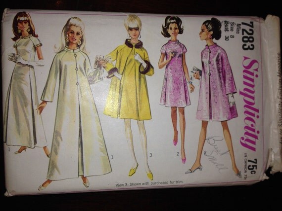 Simplicity Sewing Pattern 7283 Misses Coat and Dress in Two Lengths Vintage 60s Size 8 Bust 30