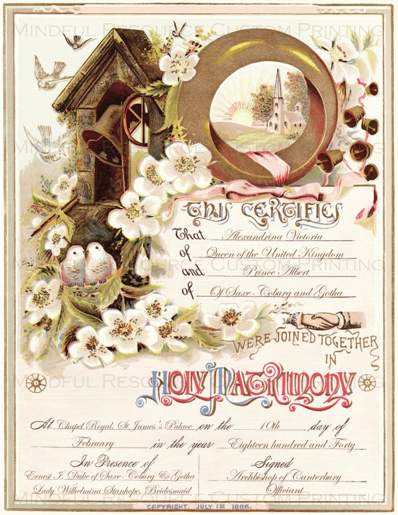 Custom Wedding  Certificate Vintage Personalized Victorian  Love