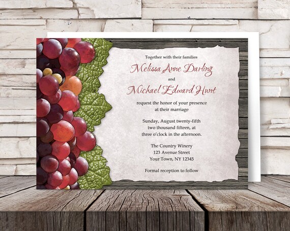 Rustic Winery Wedding Invitations and RSVP - Red Grapes Leaves and Wood - Printed Invitations Il_570xn