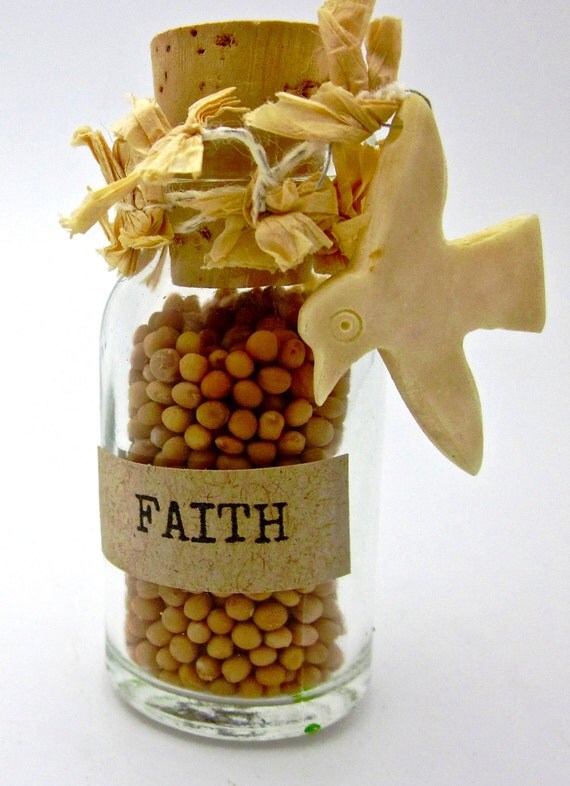 Mustard Seed Faith Mini Jar with Cork Carved by GlassHalfVintage