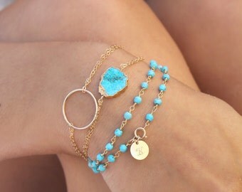 Personalized Turquoise wrap bracelet, Boho chic, 14k Gold filled initial disc, genuine gemstone beads, beaded rosary chain, custom stamped