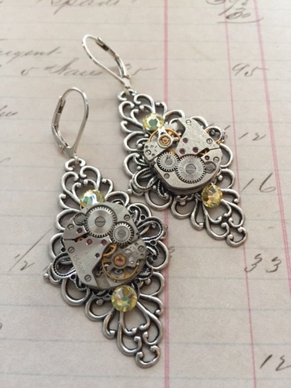 Steampunk/Vintage/Neoclassical Sytle Clock Part Silver/Yellow Swarovski Crystal Earrings by DuangkamolWeston steampunk buy now online