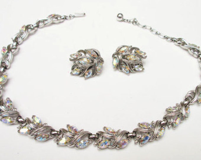 Trifari Rhinestone Necklace and Earrings set - Aurora Borealis -Silver - Mid Century