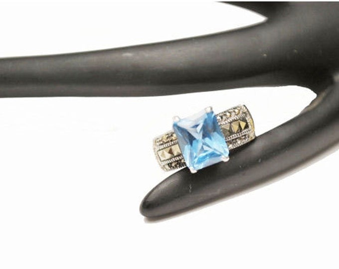 Sterling Ring - Light Blue Spinel - silver Band - Marcasites -size 8