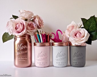 Blush Dorm Decor - Pink Copper / Mint Jade Silver - Painted mason jar - pencil holder- Vase - Centerpiece / set of 4