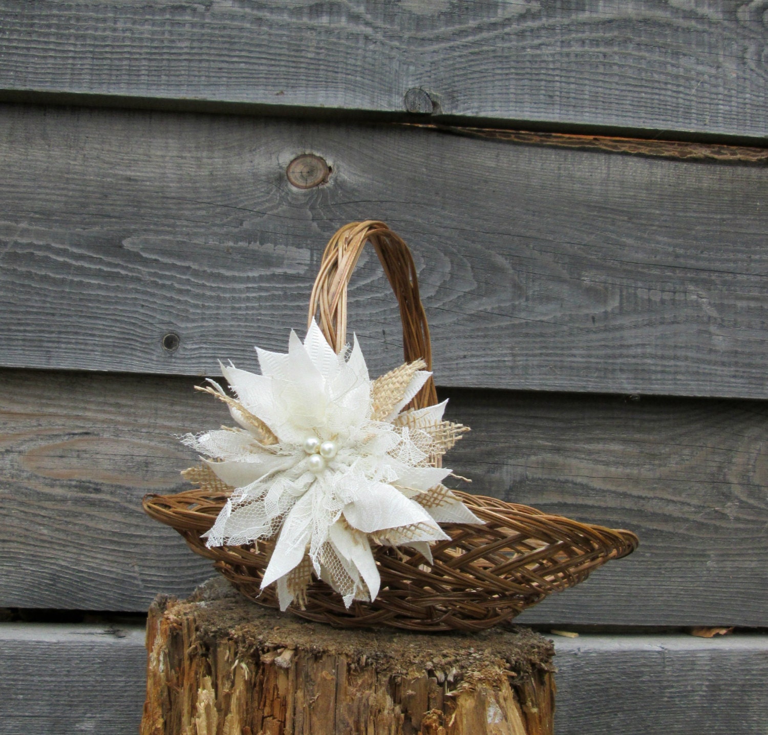 Rustic Burlap and Lace Basket Flower Girl Basket Wedding