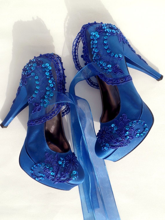 Wedding Shoes Royal Blue Embroidered Lace Bridal Shoes