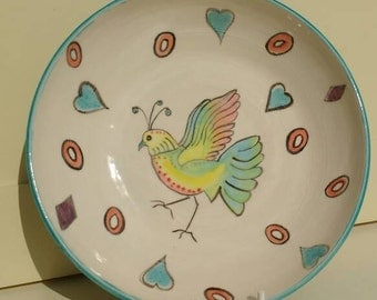 White Pottery Bowl Hand painted Bird - Wedding Gift Idea UK