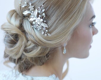 Gold Wedding Hair Clip, Floral Bridal Hair Clip, Pearl Hair Clip, Rhinestone Hair Clip, Gold Headpiece, Hair Comb, Bridal Clip ~TC-2276-G