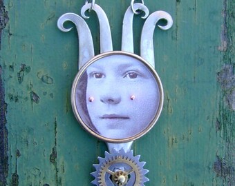 Hand Crafted Altered Art Necklace, Steampunk Found Object Jewelry, Mixed Media Jewelry, Repurposed Silverware Jewelry, Upcycled Wearable Art