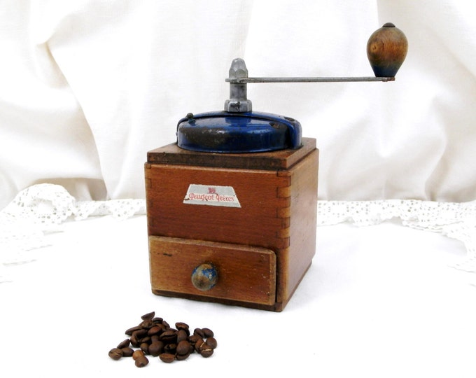 Vintage French Peugeot Fréres Blue Colored Metal and Wooden Coffee Grinder, French Kitchenware Decor, Kitchenalia, Retro Home, Kitchen