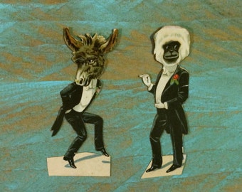Two Small Victorian Die Cut Scraps Anthropomorphic Animals Donkey Monkey in Tuxedo Late 1800s