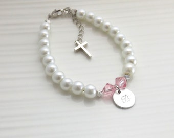 Baby girls baptism gift, girls christening gift, christening bracelets,baby girl initial bracelet,baby cross bracelet,catholic baby bracelet
