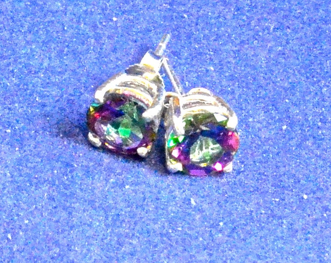 Rainbow Mystic Topaz Studs, 7mm Round, Natural, Set in Sterling Silver E980