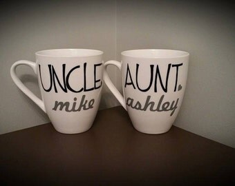 Uncle and/or Aunt Customized Mugs; Uncle/Aunt Gift, Uncle/Aunt to Be; Pregnancy Reveal Gift/Present; New Baby Arrival; Sibling Present